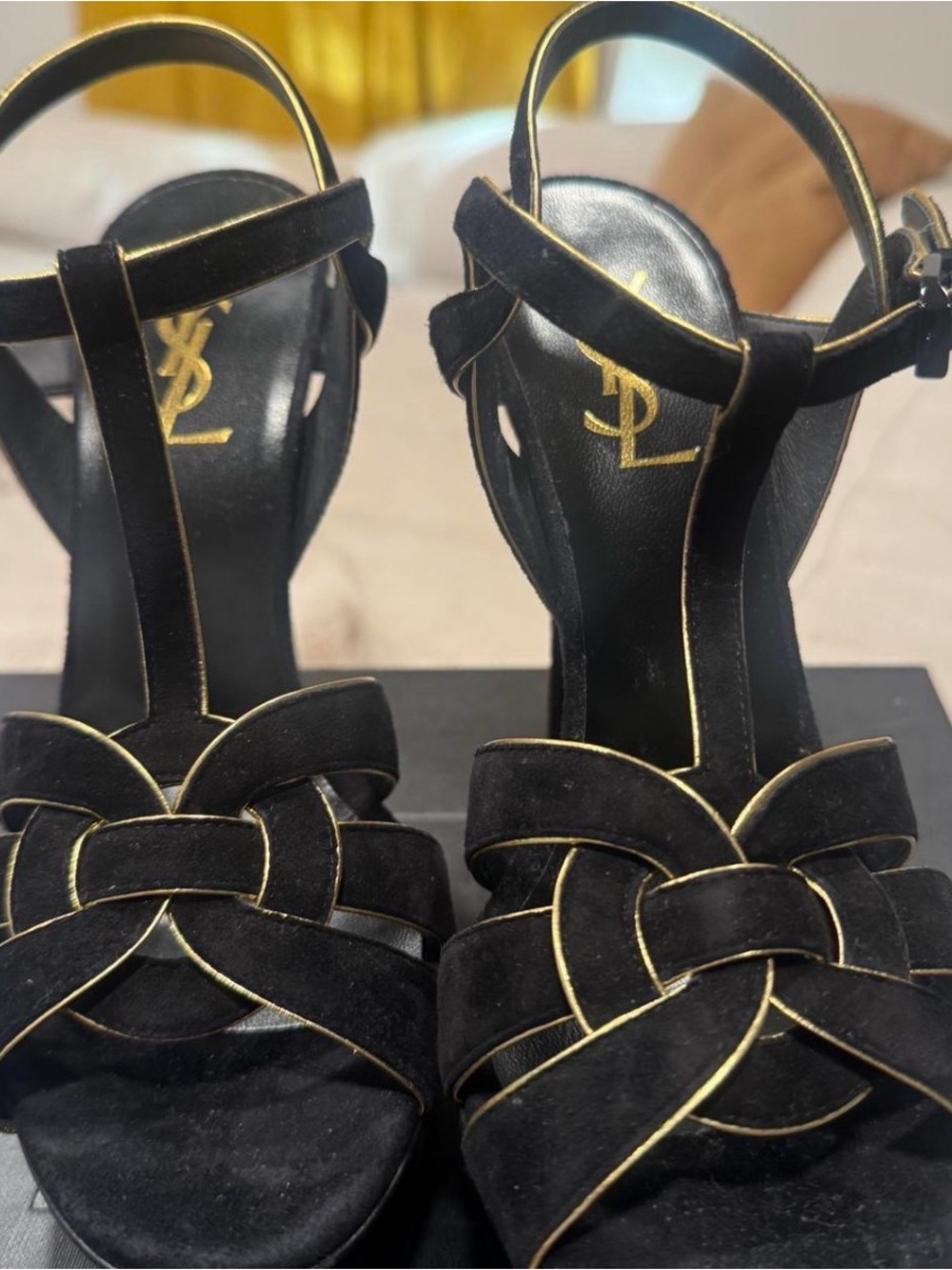 Saint Laurent Black Suede tribal Sandals with Gold Trim